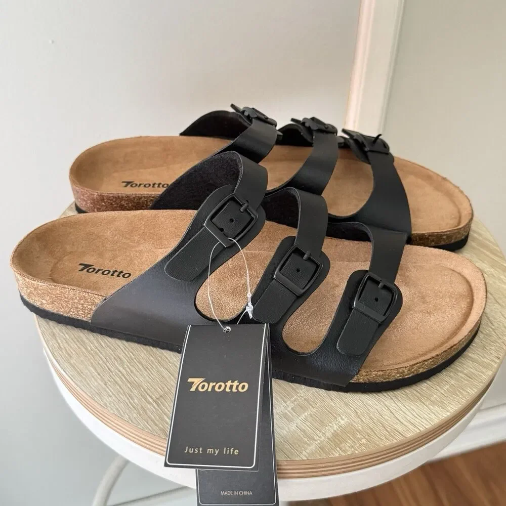 NWT Torotto Mens Slides with Cork Footbed Open Toe Flat Sandals,Black, Size 44